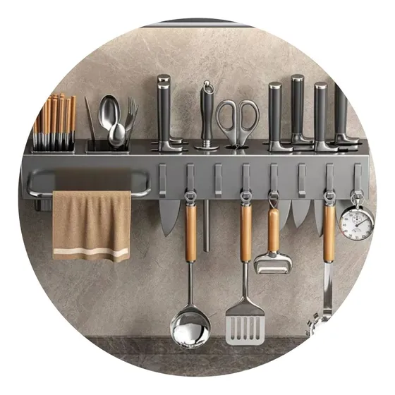Rack Suspenso De Parede Cozinha Porta Facas Utensílios Cinza