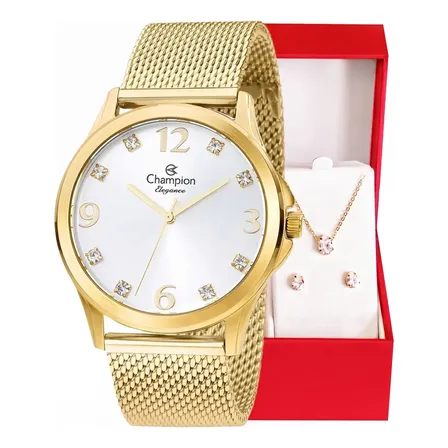 Relógio Feminino Champion Cn24093b Analógico Dourado Colar E Brincos Cor Da Correia Dourado 1 Cor Do Fundo Branco
