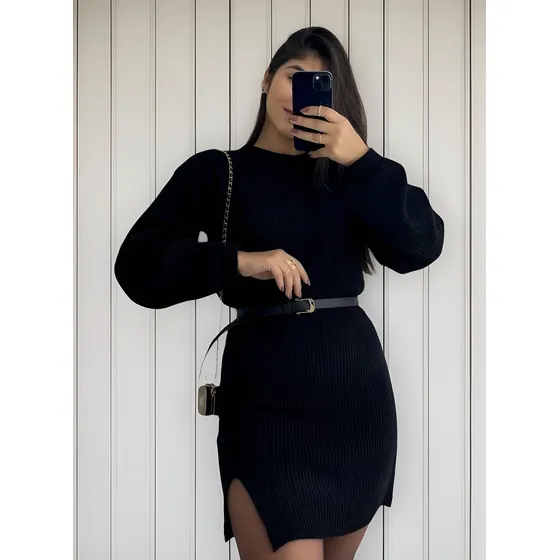 Vestido Tricot Midi Fio Mousse Com Fenda Manga Longa Inverno