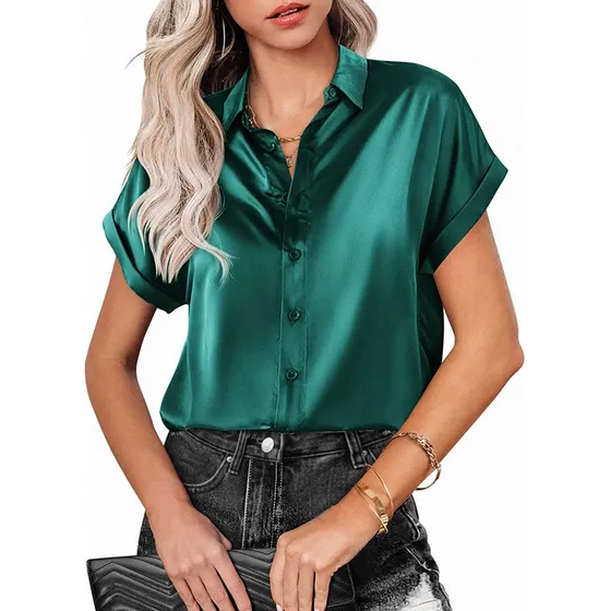 Camiseta De Botones De Raso Satén De Manga Corta For Mujer