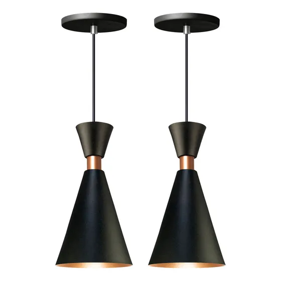 Kit 2 Pendente Lustre Mini Pequim 24cm Em Alumínio Preto 127/220V