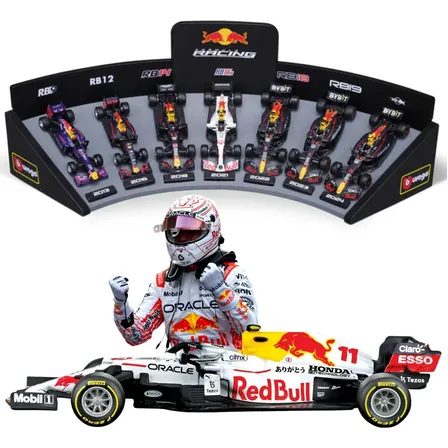 Set Expositor Carrinho Miniatura Réplica Fórmula 1 Verstapen Red Bull Set Team Equipe 7 Carros Oficial