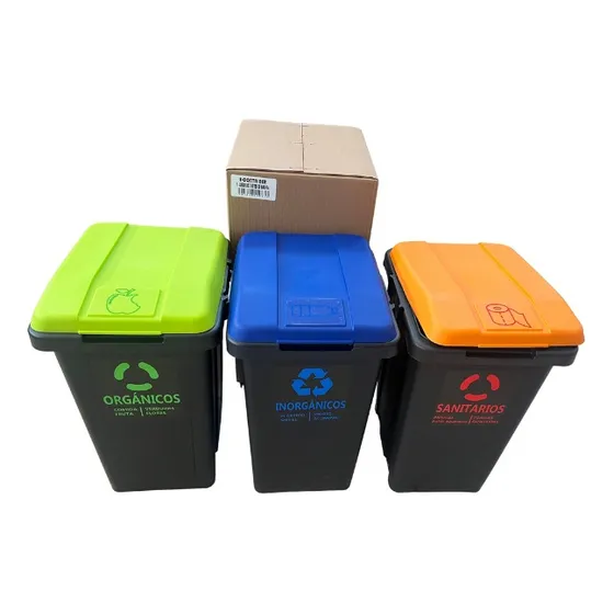 3 Botes Basura Promeyco Estacion Reciclaje 50l Separador Color Negro