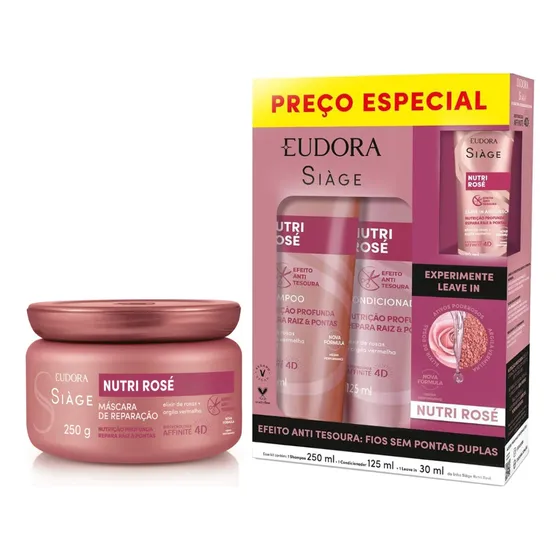 Kit Eudora Nutri Rosé Shampoo + Condi + Máscara + Leave In