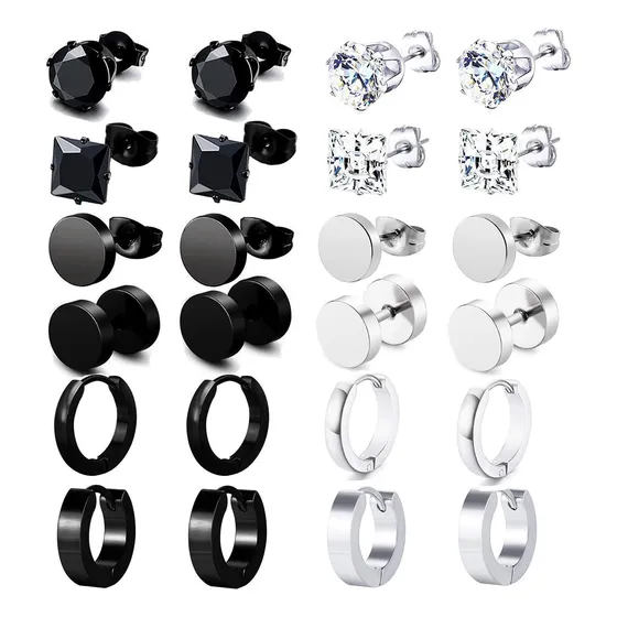 12pares Aretes Arracadas Hombre Pendientes Acero Inoxidable