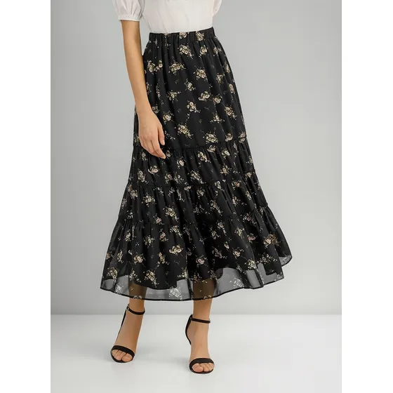 Falda Midi Bohemia De Gasa Larga Con Volantes Escalonados