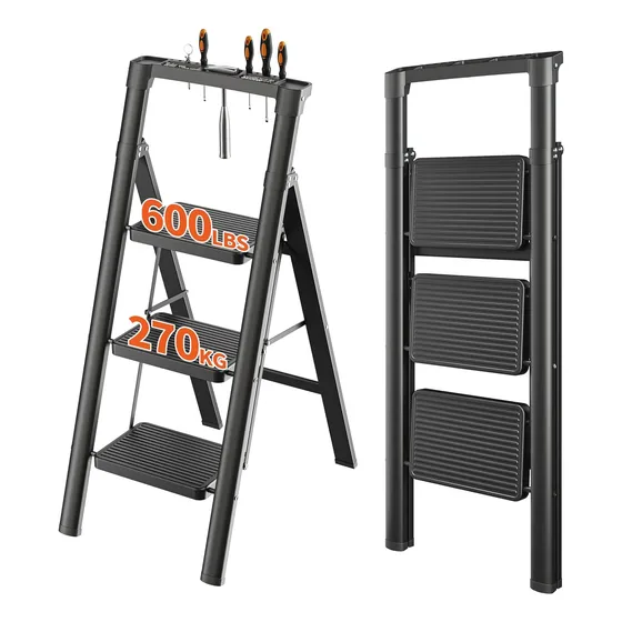 Escalera De 3 Escalones Plegable Con Plataforma De Herramien