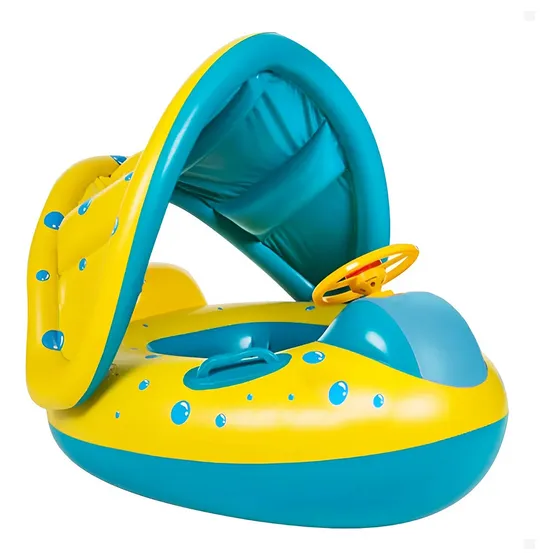 Boia Bote Bebê Infantil Inflável Piscina Com Cobertura De Proteção Carrinho Cor Azul/amarelo Indue Variedades