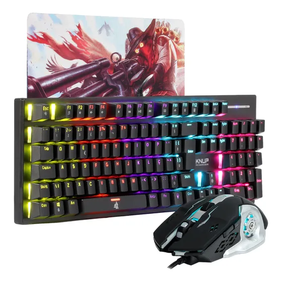 Kit Teclado Mecânico Gamer Led Rgb Switch Blue Mouse Usb Ps5