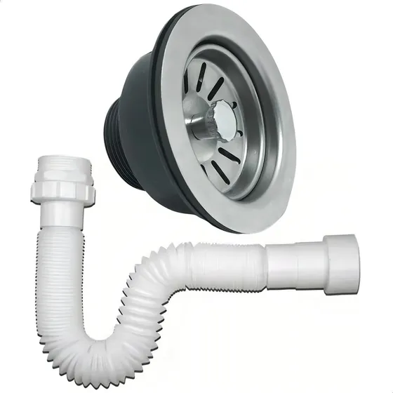 Válvula Americana Inox 3. 1/2 + Sifão Flexível Branco 70cm Acabamento Fosco Cor Prateado