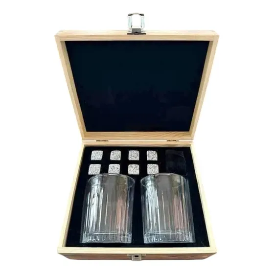 Juego Caja De Madera 2 Vasos 8 Cubitos De Granito Wiski