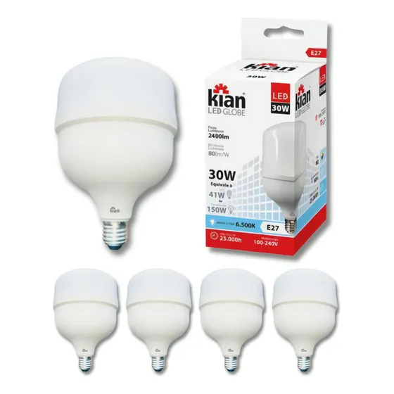 Kit 5 Lampadas Led 30w Bulbo E27 6500k Branco Frio Kian