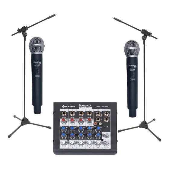 Kit Completo Igreja 2 Microfones Sem Fio Pedestal Mesa 6 Voz