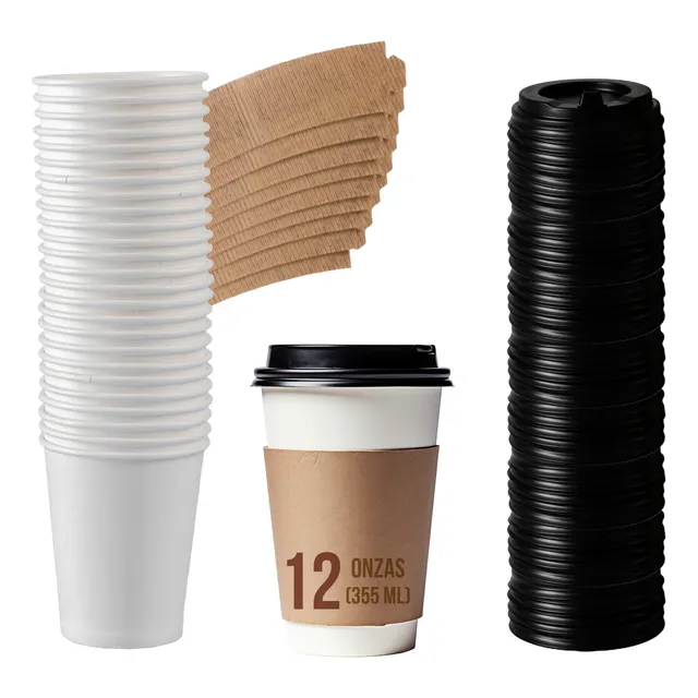 50 Vasos Desechables 12oz Para Café Kit Con Tapas Y Fajillas