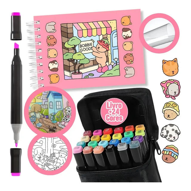 Kit Livro Colorir Bob Good + Canetinhas 24 Cores Ponta Dupla