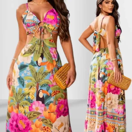 Vestido Longo Paola, Estampa De Tucano, Primavera Verao-1980