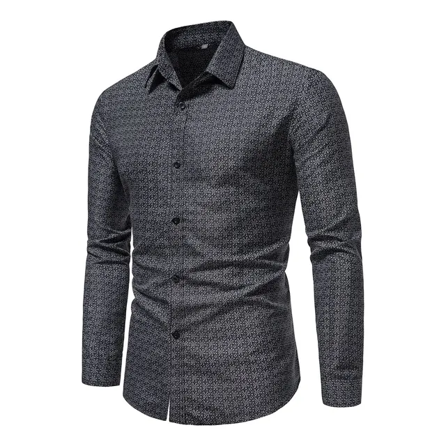 Camisa Manga Larga Jacquard Boton Para Hombre Cuello Vuelto
