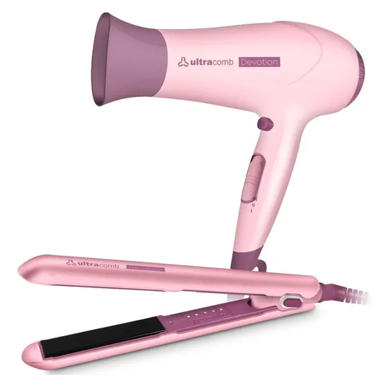 Set Secador Pelo + Planchita 2200w Ultracomb Profesional Color Rosa Pálido