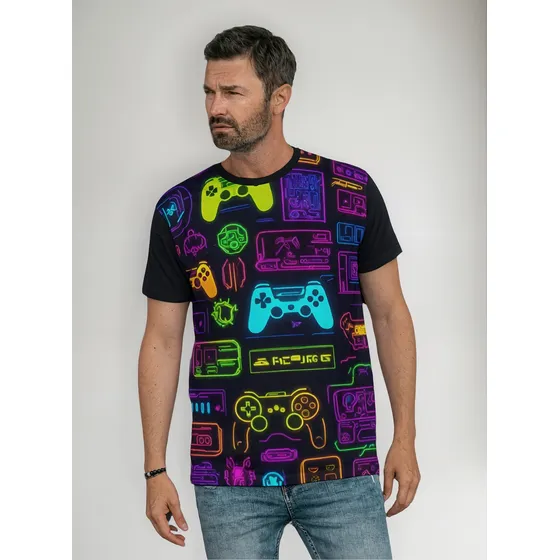 Camiseta Neon Brilha Luz Negra Gamer Videogame Geek Nerd