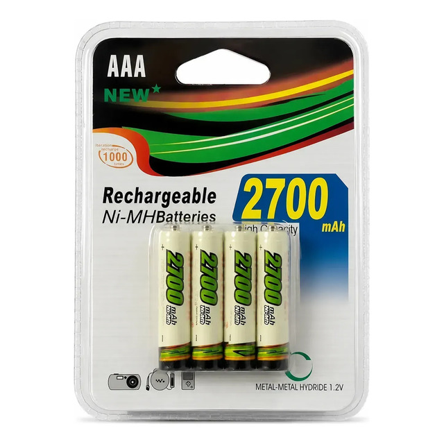 Cartela com 4 Pilhas AAA Recarregaveis Ni MH 2700mAh