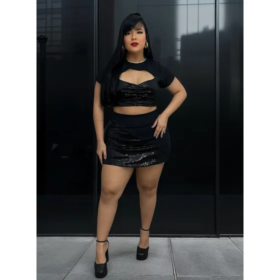 Conjunto Cropped Short Saia Plus Size Tendencia Estica