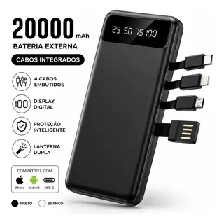 Power Bank 20000mah Com Cabos Integrados E Display Digital Para iPhone E Samsung Preto/branco