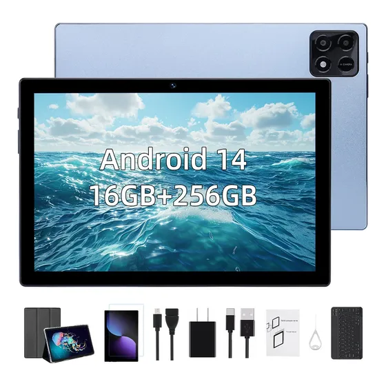 Tablet 10.1'' Android 14 16gb Ram+256gb 5g Wifi Con Teclado Azul