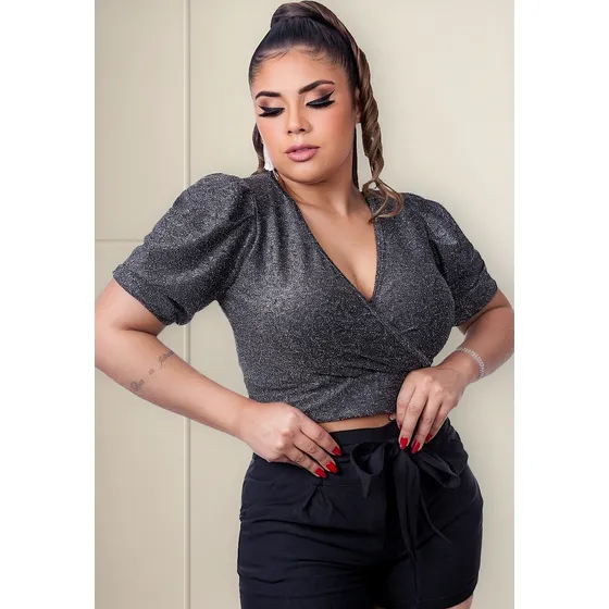 Cropped Plus Size Em Lurex Brilhoso Manga Princesa Ref: 12