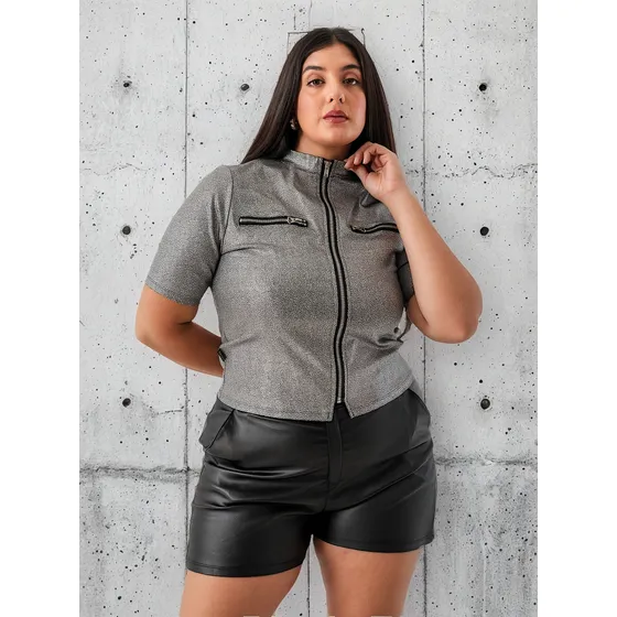 Short De Bengalina Engomada Tiro Alto Mujer Talles Grandes