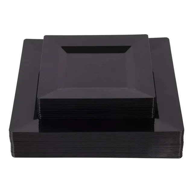 50 Platos Desechables Cuadrados Elegantes Fiesta Plástico Color Negro