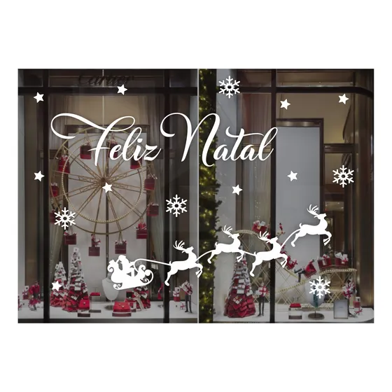 Adesivos Vitrine Feliz Natal Trenó Papai Noel Estrelas Neve