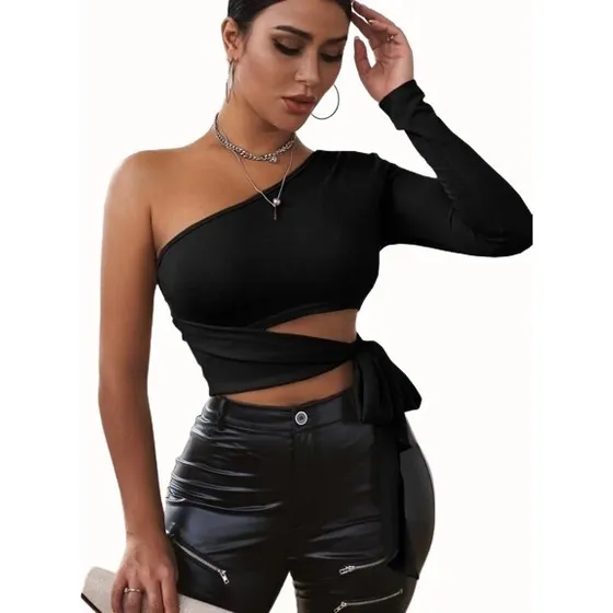 Blusa Crop Top Nudo Lateral De Un Hombro
