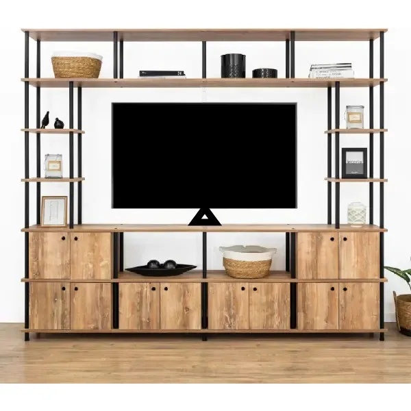 Rack Tv Estilo Industrial Con 6 Modulos Y Estantes