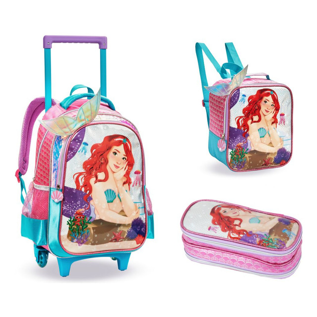 Mochila Rodinha Infantil Lancheira Estojo Sereia Cor Bordô Mochila Rodinha Infantil Lancheira Estojo Sereia Cor Bordô