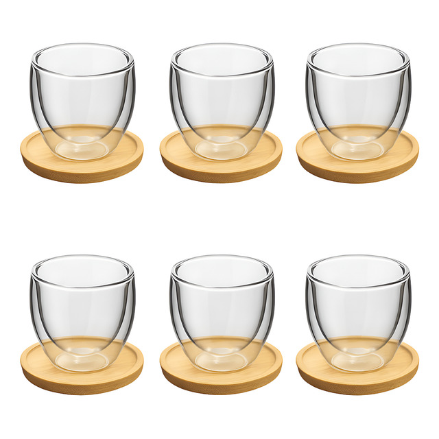 Xícara Café Nespresso Borossilicato Com Pires Bambu 6 Pçs Vidro Xícara Café Nespresso Borossilicato Com Pires Bambu 6 Pçs Vidro