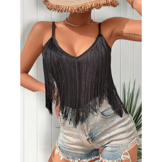 Top Ajustado Flecos Y Tirantes Para Playa, Verano O Vaquera