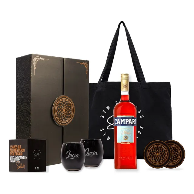 Box Aperitivo Campari Con Dos Vasos Negros Grabados Regalo