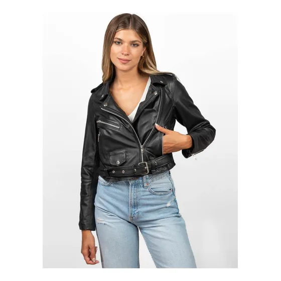 Campera Rockera De Cuero Vacuno Entallada Mujer Rg Cueros