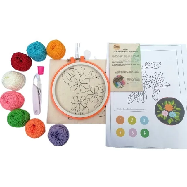 Kit Bordado Mexicano: Tela  Hilo Crochet Coral Aguja Tambor 