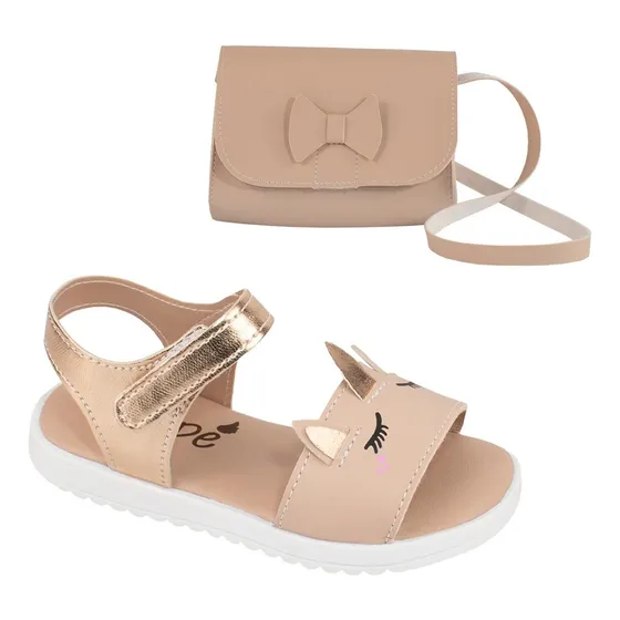 Kit Sandália Infantil Menina Rasteira Com Bolsa Feminina 