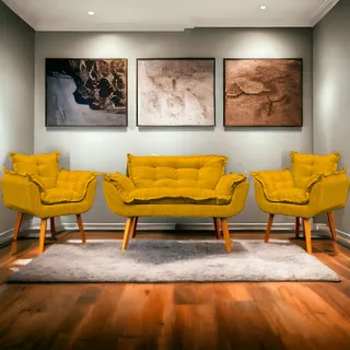 Kit Namoradeira Reforçada + 2 Poltronas Decorativas Cores Cor Mostarda Desenho Do Tecido Suede Liso Kit Namoradeira Reforçada + 2 Poltronas Decorativas Cores Cor Mostarda Desenho Do Tecido Suede Liso