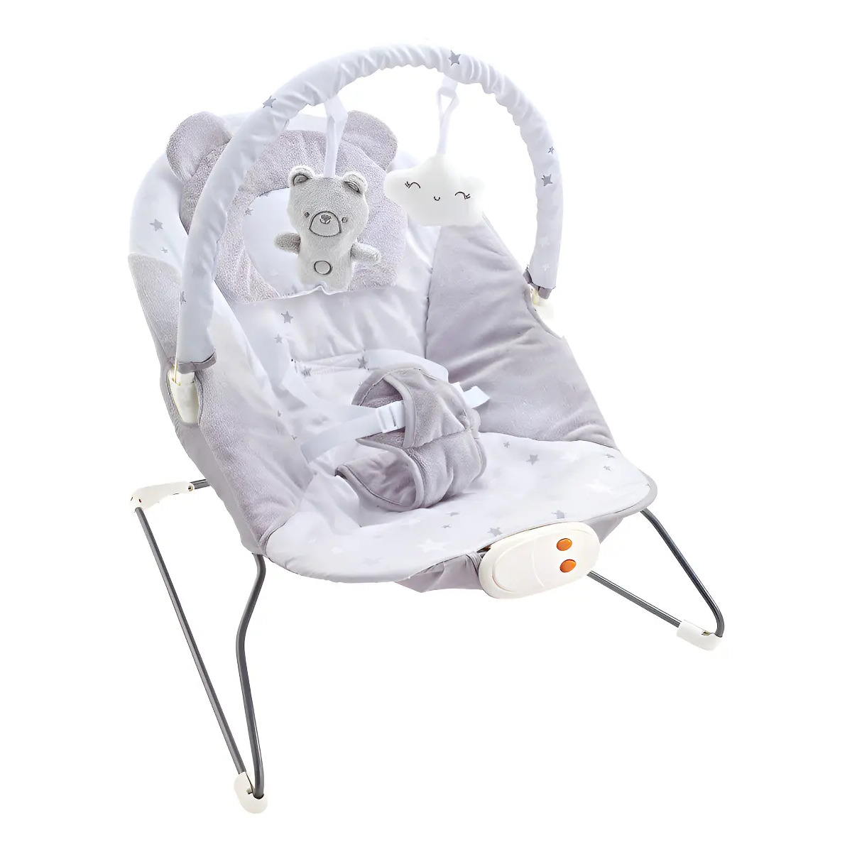 Cadeira de descanso para bebê Maxi Baby modelo Polar Skyline na cor cinza, com arco de brinquedos contendo um urso de pelúcia e uma nuvem, sobre fundo branco.