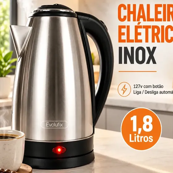 Chaleira Jarra Elétrica 1,8l Litros 110v Desligamento Automático E Base Giratória Inox Aquecimento Rápido Segura Café Chá Fácil Abertura Tampa Alça Esquentar Agua Café Chá Ferver Rápido Evolufix