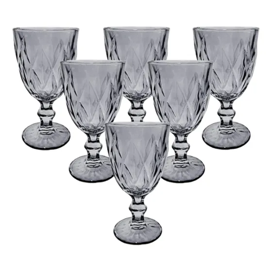 Copa Copon Vino Agua Rombos Labrado 300cc X6 Gris
