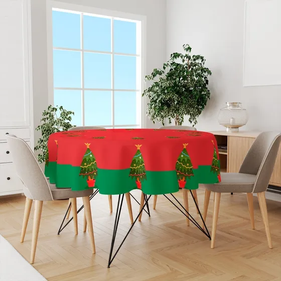 Toalha De Mesa Redonda Oxford Árvore De Natal -140x140 Cor Vermelho