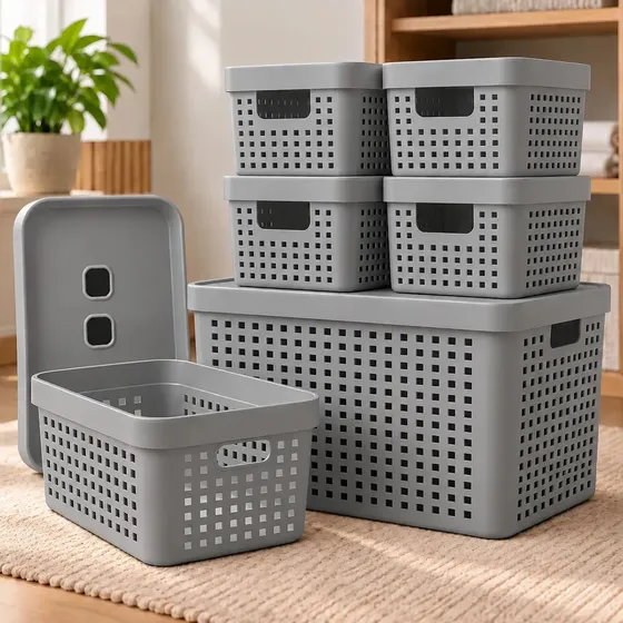 Kit 6 Caixas Organizadoras Com Tampa Invisivel 2l 4,5l 17l Cor Cinza