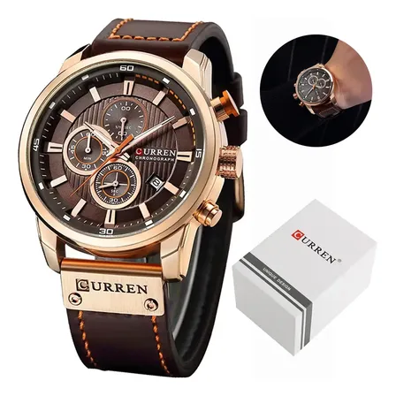 Relógio Curren Masculino 8291 Original Pulseira Couro Social Marrom-escuro Rose Marrom