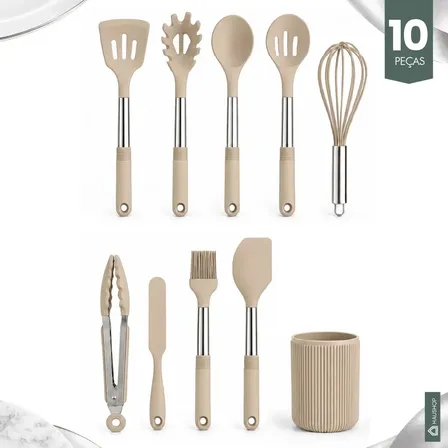 Kit Utensílios 10 Peças Cozinha Silicone Cabo Inox Tamanho Grande Jogo Completo Premium de Colheres Espatúlas Pegador Conjunto Funcional Com Suporte Resistente Não Enferruja Haushop Cor Bege