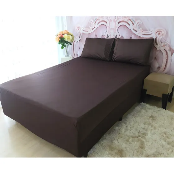 Jogo De Lençol Cama Casal Box Conjugado 3 Peças Em Malha Gel Cor Marrom-escuro Desenho Do Tecido Lisa