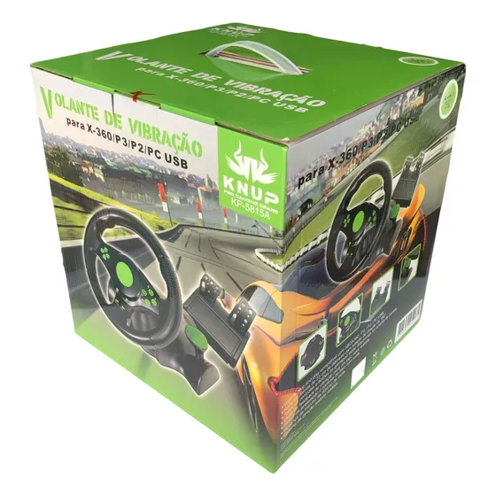 Volante de Vibração c/ Pedal e Cambio Gamer Pro Kp-5815a P/ Xbox 360 PS3 PS2 PC USB Preto/Verde